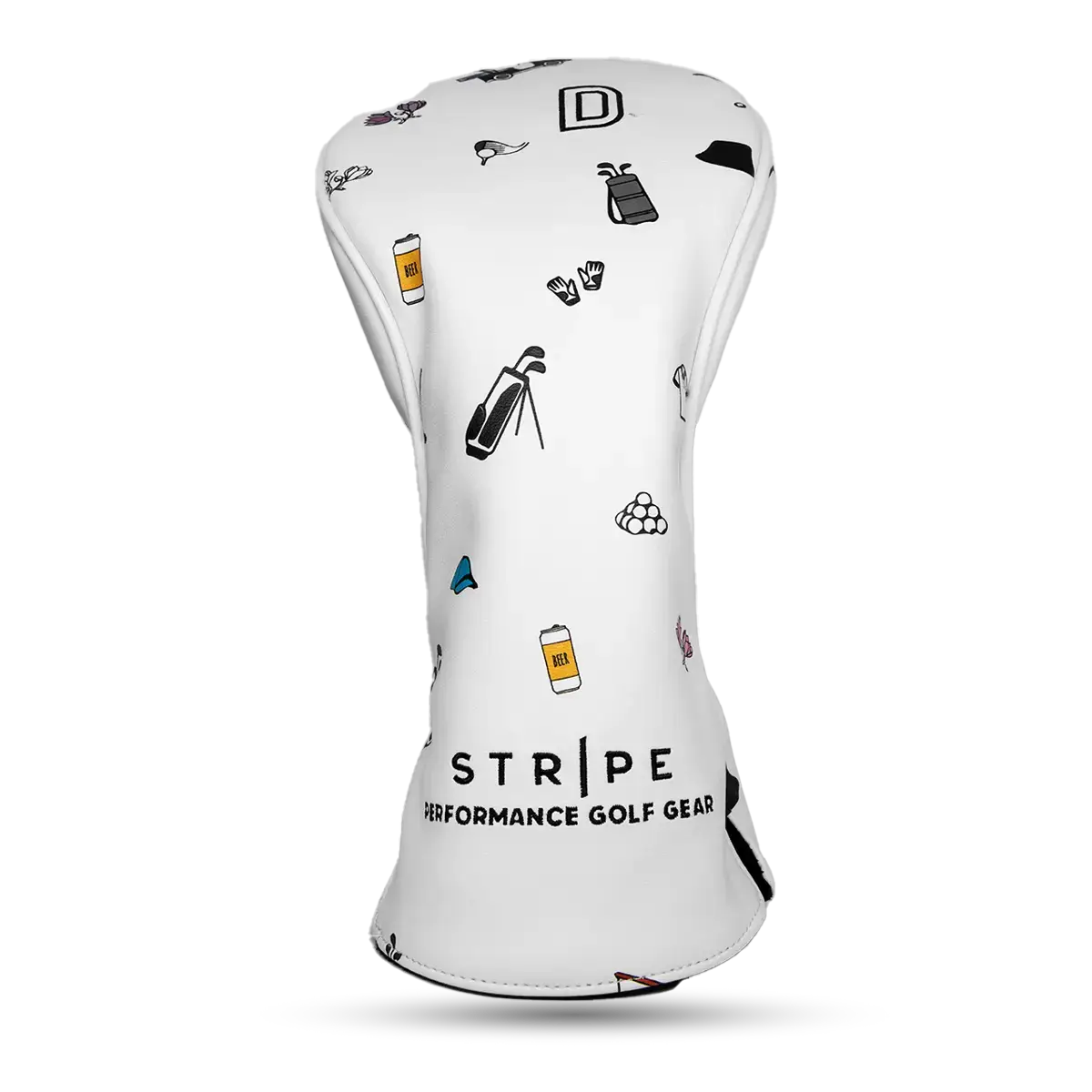 White leather driver headcover with patterns from a day on the golf course. Stripe golf's own pattern print