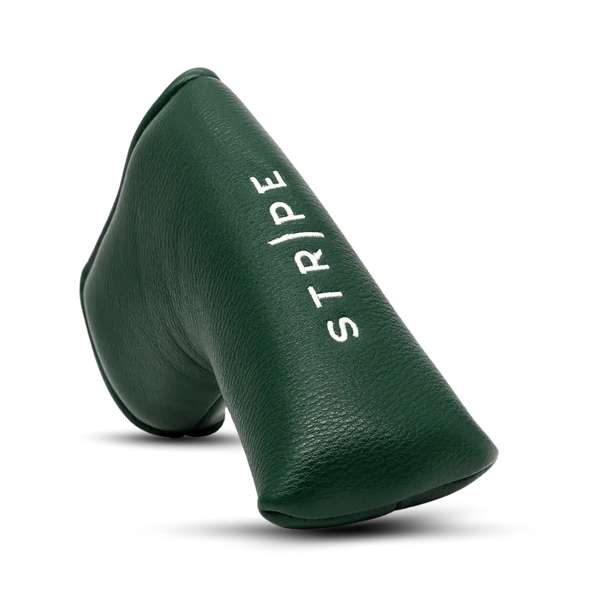 Side-front view of a headcover in green leather, designed to protect your golf club. Combining fashion with function, it's the perfect shield for your club.