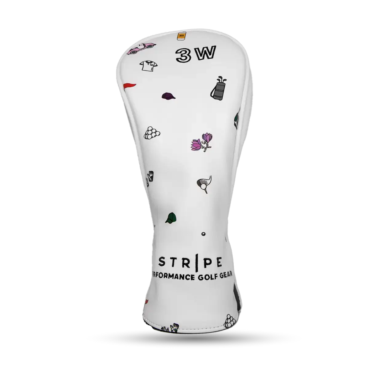 Headcover for fairway wood in white leather with pattern print.