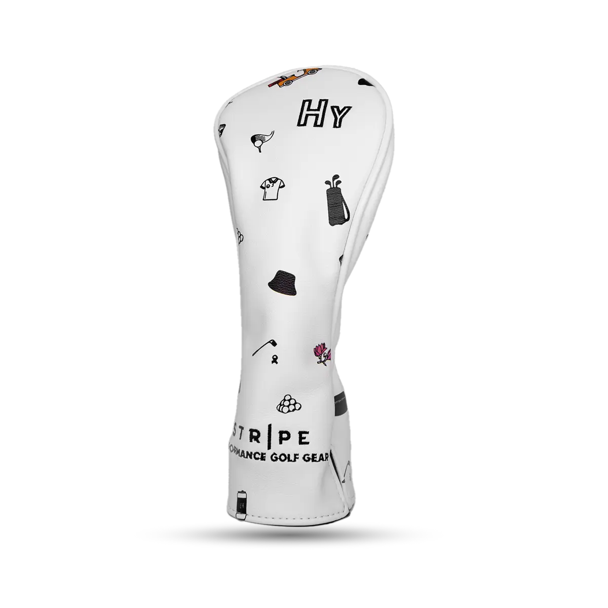 Hybrid headcover in white leather with printed golf pattern and green embroidered details